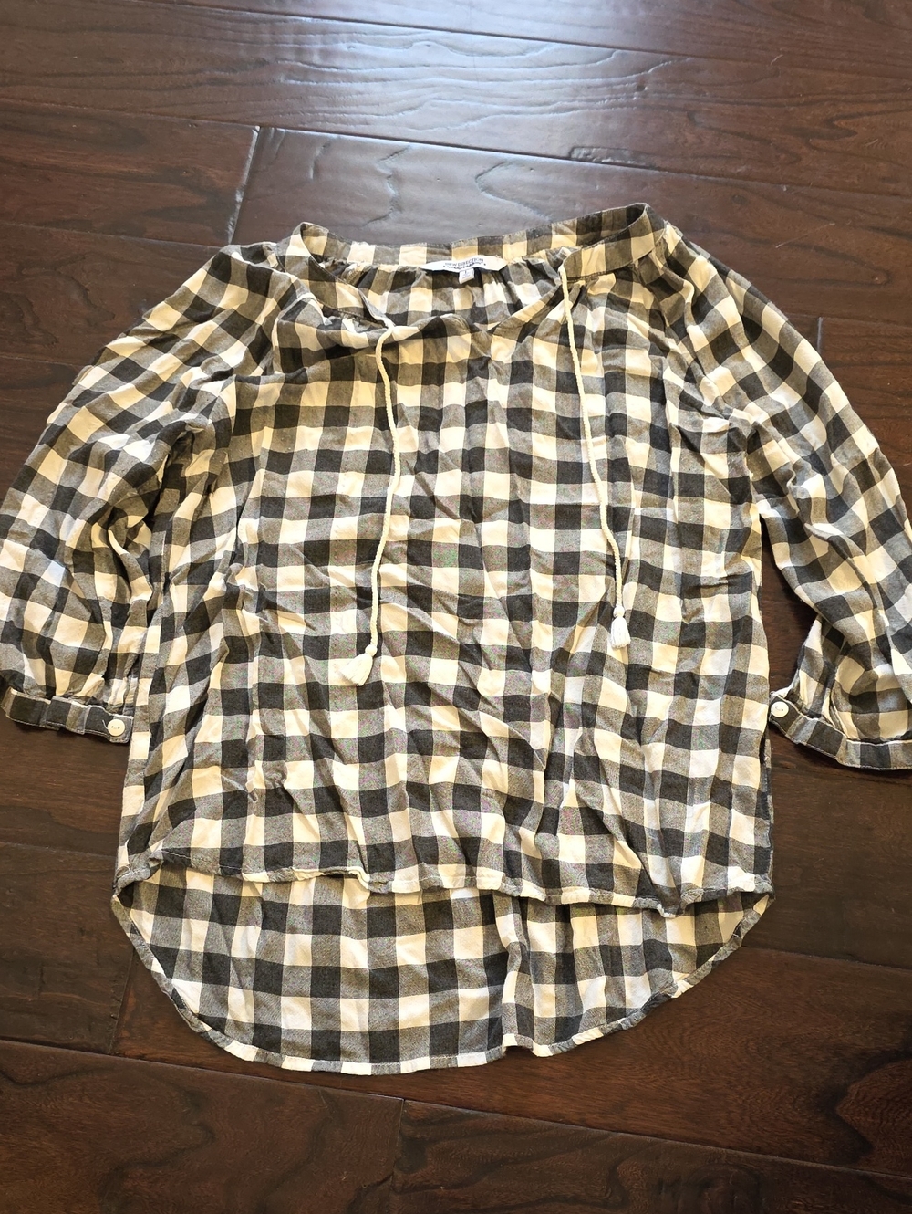 new directions Black and Cream Plaid Tie-Neck Tunic